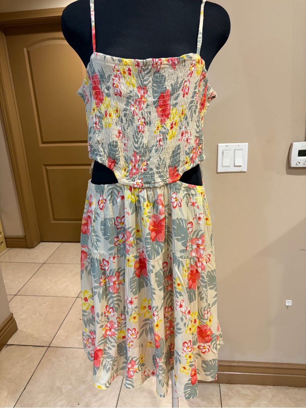 Derek Heart Cream Floral Midi Dress with Coral & Gray Leaves